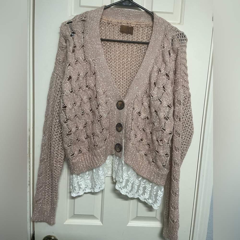 POL Women's Open Knit Cardigan - Pink and Cream
